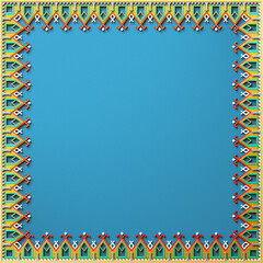 Beautiful, patterned 3d frame and blue background. The ornate, color frame. Cut out of a color paper pattern. Template Design.
