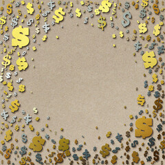 Dollar signs Frame. Money gold and silver background. Gold Dollar Signs and Silver Dollar Signs. Abstract money background. Empty space leaves room for design elements or text. Modern 3d style.