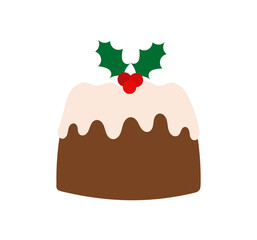 Christmas cake pudding with holly berries decoration icon.