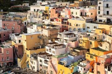 beautiful italian island procida famous for its colorful marina, tiny narrow streets and many...