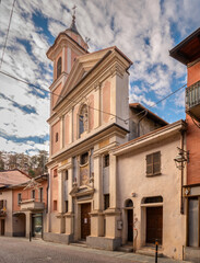 Borgo San Dalmazzo, Cuneo, Italy- December 01, 2022: church of brotherhood of San Giovanni or confraternity of mercy (XVII century) in Via Roma