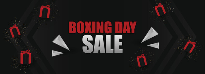 3D Render Boxing Day Sale Text With Triangle Elements And Flying Gift Boxes On Black Background. Advertising Banner Or Header Design.
