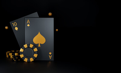 3D Render Casino Chips With Playing Cards, Shiny Tiny Balls And Copy Space On Black Background.