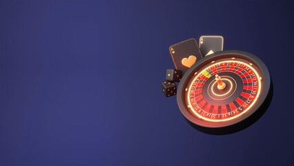 3D Render Roulette Wheel With Ace Cards, Dices And Copy Space Against Blue Background.