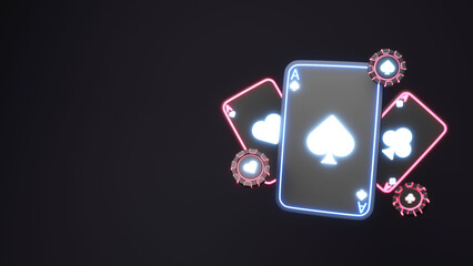3D Render Of Neon Light Ace Cards With Poker Chips And Copy Space On Black Background.