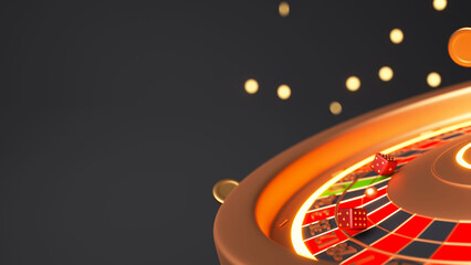 3D Render Close View Of Roulette Wheel With Dices, Golden Coins And Copy Space On Black Bokeh Effect Background.