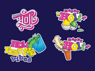 Sticker Style Colorful Happy Holi Festival Font Set With Thandai Glass, Bowls And Bucket Full Of Colors Against Blue Background.