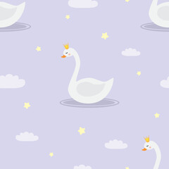 Fototapeta premium Vector seamless pattern with white swans on the lake on purple background in cartoon style