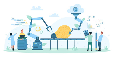 Obraz premium Project development vector illustration. Cartoon tiny people and robot arms make bright light bulb on factory conveyor belt, characters work for idea improvement with laptop, calculator and pencil