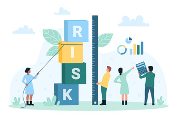 Risk management, control and measurement vector illustration. Cartoon tiny people measure financial risk with ruler, calculator and charts to research profit of investment and analysis of stock market - obrazy, fototapety, plakaty