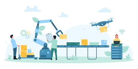 Automation of factory warehouse vector illustration. Cartoon tiny people and robot arms unload and load boxes with goods to industrial conveyor belt, employees and machines work in storehouse
