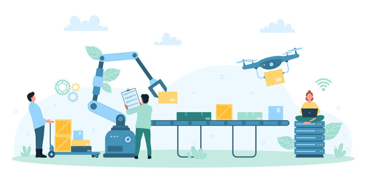 Automation Of Factory Warehouse Vector Illustration. Cartoon Tiny People And Robot Arms Unload And Load Boxes With Goods To Industrial Conveyor Belt, Employees And Machines Work In Storehouse