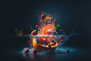 Fruits splashing deep into water on a dark background closeup shot generative AI artwork that doesn't exist in real life.
