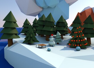 New Year's composition in the style of low-poly modeling. Exposition of natural landscape with mountains and forest landscape, snowman with Christmas tree on natural landscape.