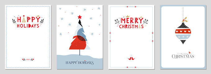 Christmas templates. Winter Holiday cards with universal decorative frames with copy space, Christmas Tree, Christmas ornament, birds and greetings. Vector.
- 551899947