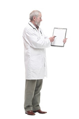 elderly competent doctor with clipboard. isolated on a white