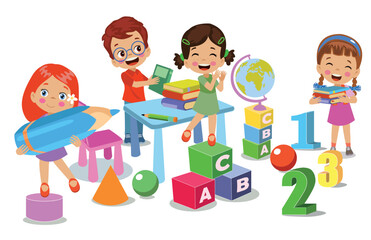 cartoon caharecter happy kid studynig and learning