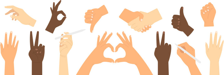 Hand positions and gestures. Pointing, holding, flat hand, fist, peace and thumb up. Human palms vector set. Communication