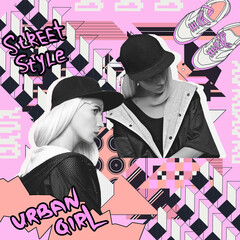 Contemporary digital collage art. Skateboard Girl and 90s fashion urban mood.  Magazine clipping design. Text street style, urban girl