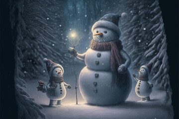 Obraz premium Winter snow symbol of Christmas in the yard. Children's New Year's Eve idyll and fun for whole family. A snowman made of white soft snow. Landscape illustration. Generative AI.
