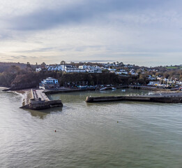 Fototapeta na wymiar An aerial view towards the harbour in the village of Saundersfoot, Wales in winter