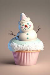Christmas cupcake in the shape of a white, soft, snowy snowman, delicious sweet cake on pastel background. Tasty dessert snack. Generative AI 3d muffin.