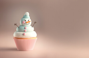 Christmas cupcake in the shape of a white, soft, snowy snowman, delicious sweet cake on pastel background. Tasty dessert snack. Generative AI 3d muffin.