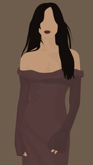 Vector flat image of a young girl with long dark hair. Brunette in a long dress with bare shoulders. Design for avatars, posters, backgrounds, templates, banners, textiles, postcards.