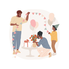 Home decoration isolated cartoon vector illustration. Getting ready for a home party, preparing room for home event, child and father hanging flags, mom put flowers in a vase vector cartoon.