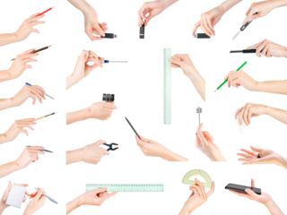 Hands holding office, stationery, writing and education theme items set. Isolated with clipping path