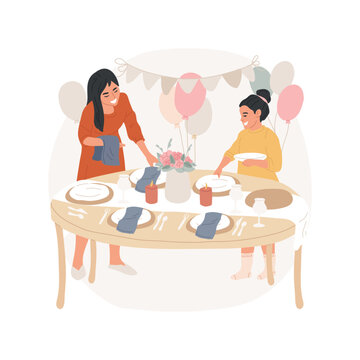 Set the table isolated cartoon vector illustration. Preparing for home party, cooking for guests, family setting the table at home, kids help to put plates, cutlery and napkins vector cartoon.