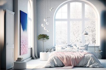 A comfortable and large bedroom with a double bed and white linen. Modern, pastel, interior design. Large windows through you can see the winter morning. Generative AI