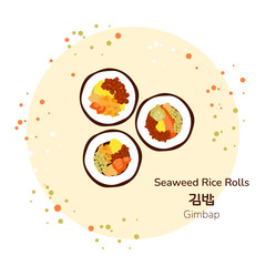 Traditional korean street food seaweed rice rolls with different filling poster. Korean gimbap. Translation from korean seaweed rice roll. Asian food snack.
