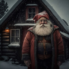Winter Santa Claus standing in front of his house. The symbol of the Christmas holidays is preparing to give gifts to good children. Landscape covered with snow. Generative AI.