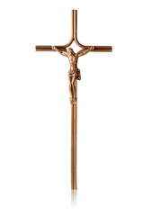 Crucifix with a metal figure of Jesus Christ for prayer. Close-up of a  crucifix with a cross. Christian religious symbol. Crucifix isolated.
