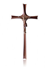 Crucifix with a metal figure of Jesus Christ for prayer. Close-up of a  crucifix with a cross. Christian religious symbol. Crucifix isolated.