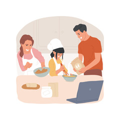 Family cooking classes isolated cartoon vector illustration. Family standing in the kitchen, preparing food at home, watching cooking lesson online, cutting, mixing ingredients vector cartoon.
