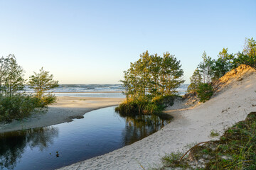 A small river flows through the sand dunes into the Baltic Sea
