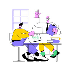 Assisting with theory isolated cartoon vector illustrations. Smiling professor counselling student with theory, scientific supervisor, educational process at university vector cartoon.