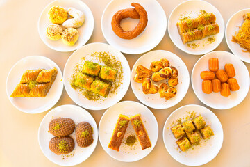 Traditional Turkish cuisine. Pizza, pita, pidesi, sucuk, hummus, kebab. Many dishes on the table. Serving dishes in restaurant. Background image. Top view, flat lay