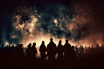 Fototapeta premium Crowd of Silhouetted People Watching a Fireworks Display for New Year 