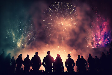 Fototapeta premium Crowd of Silhouetted People Watching a Fireworks Display for New Year 