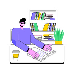 Library facilities isolated cartoon vector illustrations. Blind boy reading book in library, disability people educational process, preparing for college classes, student life vector cartoon.