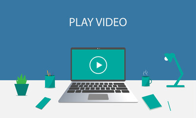 video player icon on laptop computer, business online training, education or e-learning and video tutorials, vector flat design