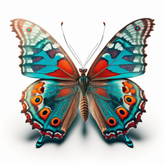 Obraz na płótnie Canvas a picture of a butterfly with blue-green and red-orange wings, and beautiful patterns, on a white background, Generative AI, Generative, AI