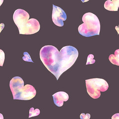 Seamless watercolor pattern with light colorful hearts on black background. Light and soft tints of pink, girlish design.