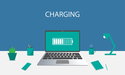 Laptop computer with battery icon on screen, vector flat illustration