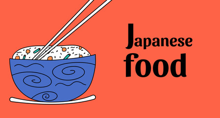 Background, banner with rice and vegetables, Japanese or Chinese cuisine dish. Vector illustration in flat style