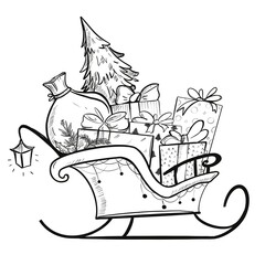 Santa's sled with gifts. Black and white illustration hand draw