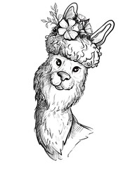 lama on a white background cartoon character. Most suitable illustration for the design of cards, posts, textiles black and white. Hand draw sketch, line art